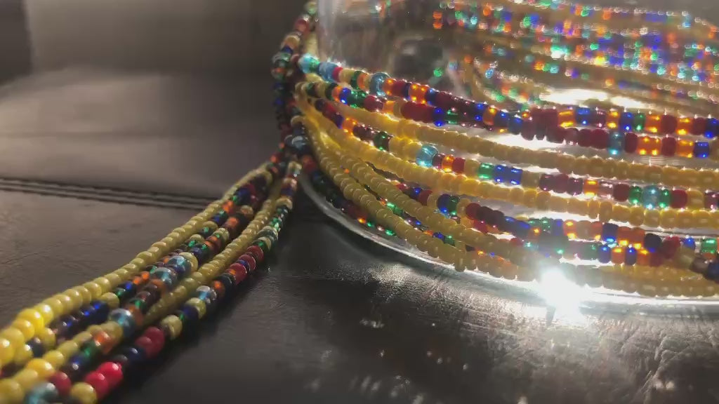 Solar Plexus Chakra Set – Yellow and Multicolor Ghana Waist Beads (5 Strands)